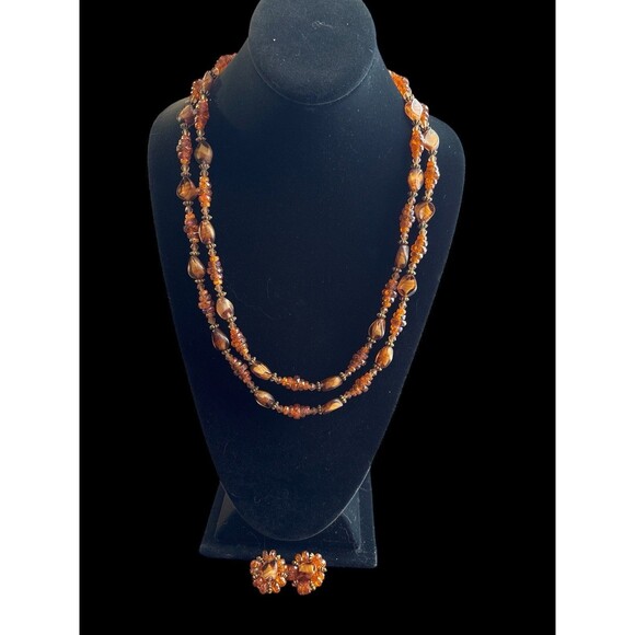 Jewelry - Vintage Amber Color Beaded Necklace and Clip On Earrings Set Unsigned Costume Je